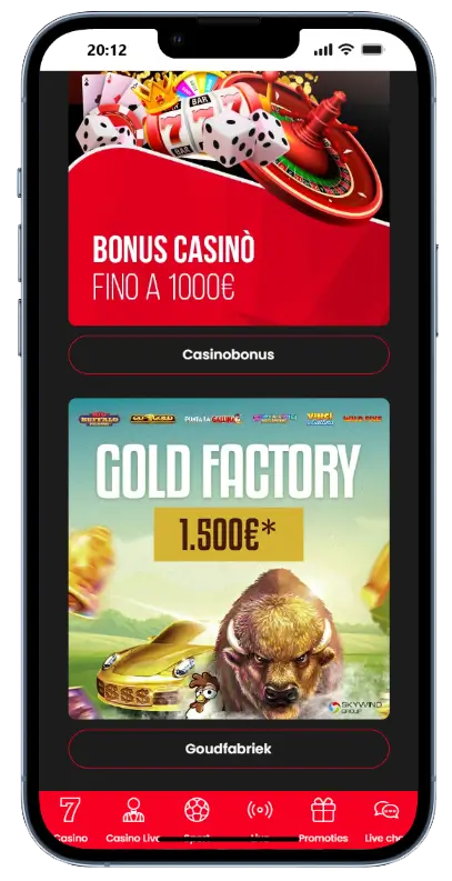 Winbet bonuspagina met een casinobonus tot 1000 euro en een Gold Factory promotie met een prijzenpot van 1500 euro