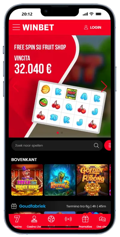 Winbet startpagina met een free spin-aanbieding op Fruit Shop ter waarde van 32.040 euro en een rij uitgelichte casinospellen zoals Break the Piggy Bank en Raptor 2