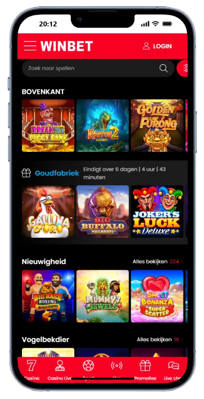 Winbet spellenlobby met secties voor topspellen, Gold Factory-promotie, nieuwe spellen en Platypus-categorie, met titels als Gallina d'Oro, Big Buffalo Megaways en Sweet Bonanza