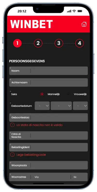Winbet mobiele registratieformulier met velden voor naam, achternaam, geslacht, geboortedatum, geboorteplaats en belastingidentificatienummer